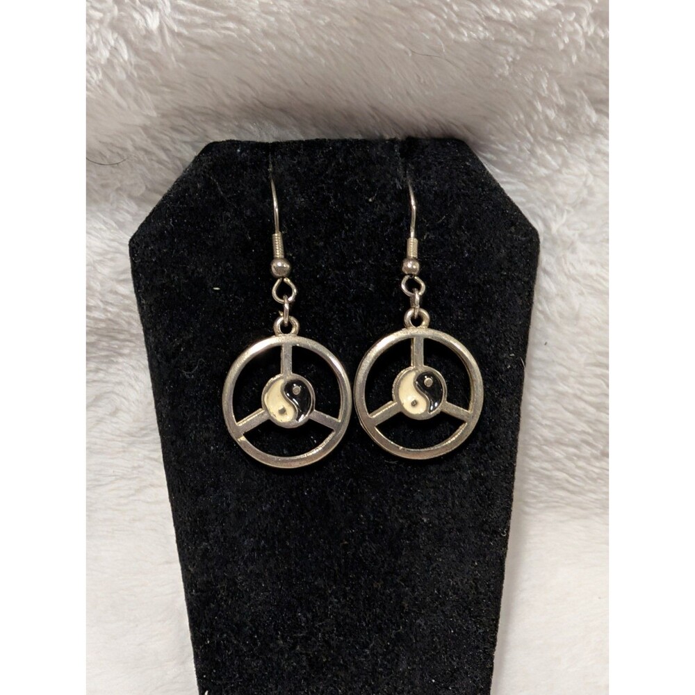 Vintage 90s Yin Yang Peace Symbol Dangle Drop Earrings Silver-Tone Y2K  Glam